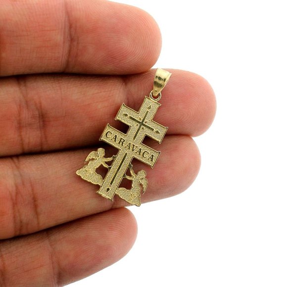 Mens 10K Yellow Gold Caravaca Cross Pendant Diamond Cut Crucifix Charm - Picture 3 of 6